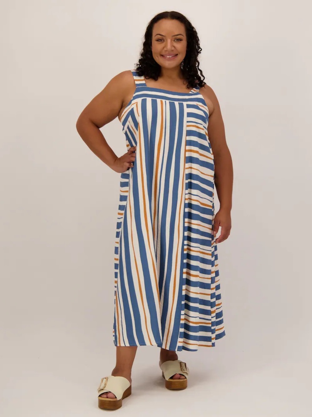Striped Blue & Cream Maxi Sundress with Gold Accent